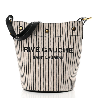 Saint Laurent Linen Calfskin Striped Rive Gauche Bucket Bag Grey Cream Black 3 of 15