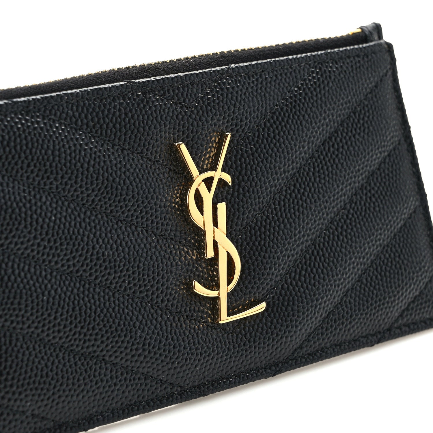 Saint Laurent Grain De Poudre Matelasse Chevron Monogram Fragments Zippered Card Case Black 8 of 8