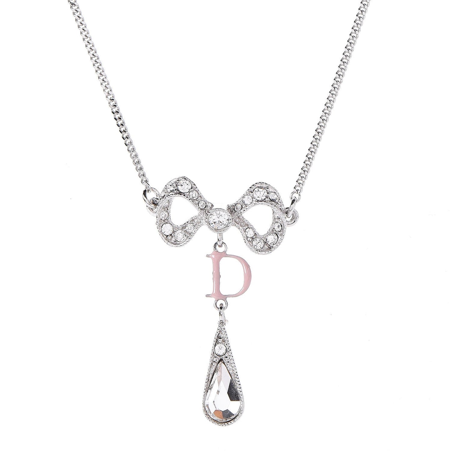 Crystal Bow Drop Necklace Silver
