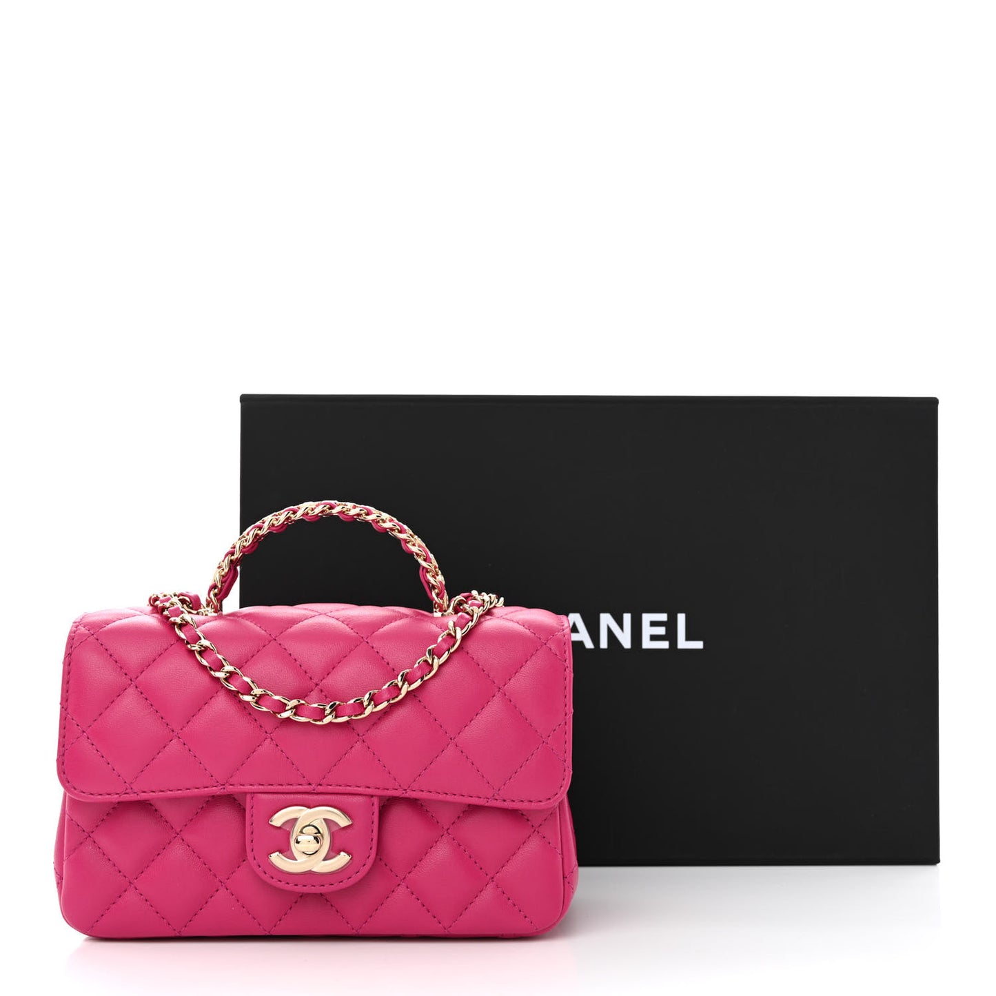 Lambskin Quilted Mini Crystal Top Handle Rectangular Flap Dark Pink