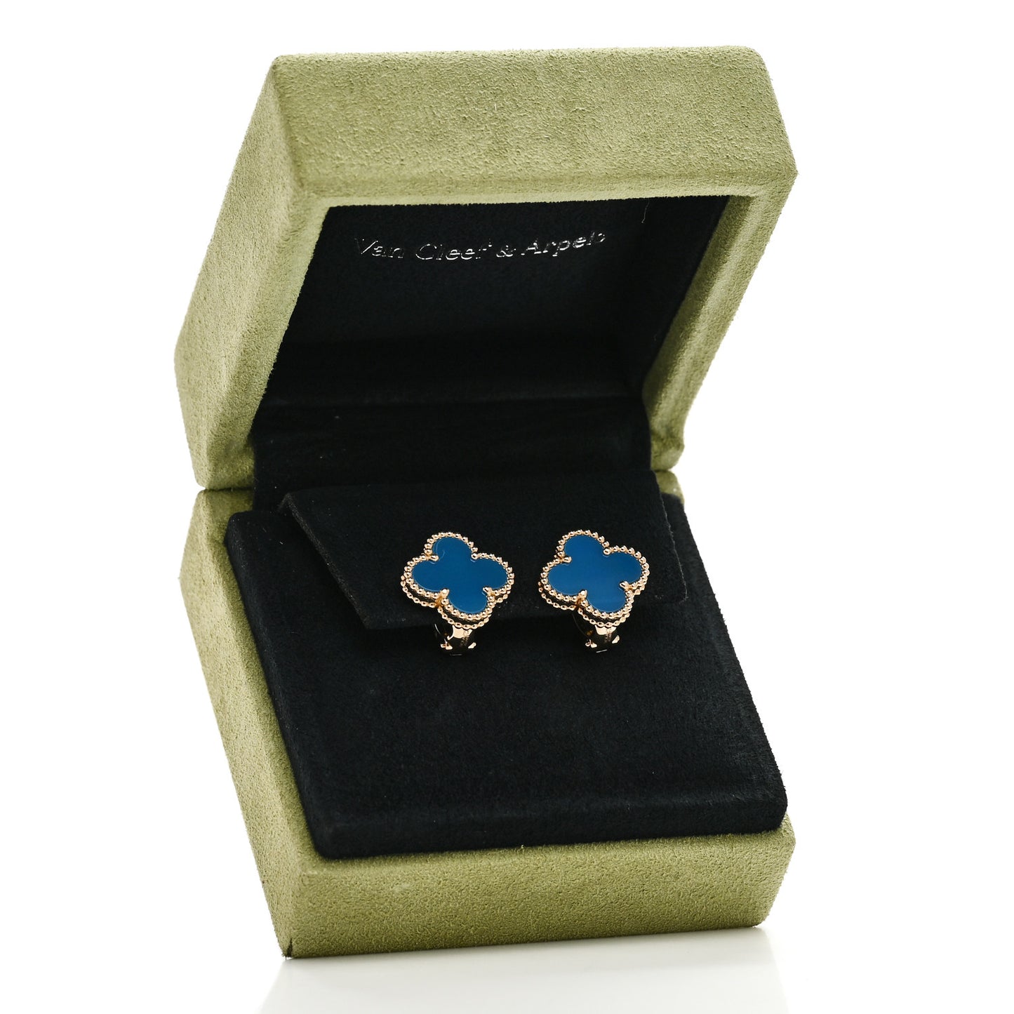 18K Yellow Gold Blue Agate Vintage Alhambra Earrings