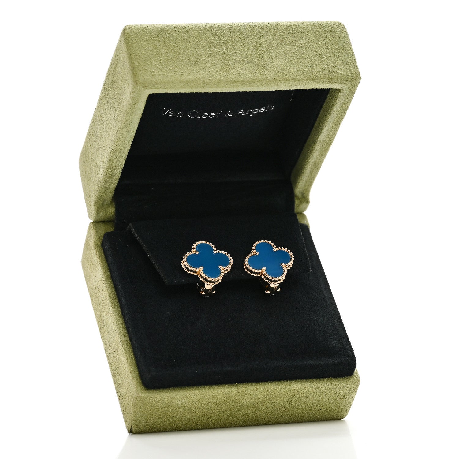 Van Cleef & Arpels 18K Yellow Gold Blue Agate Vintage Alhambra Earrings 5 of 5