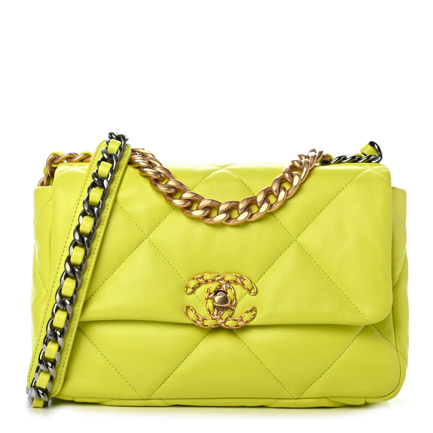 Shiny Lambskin Quilted Medium Chanel 19 Flap Neon Yellow