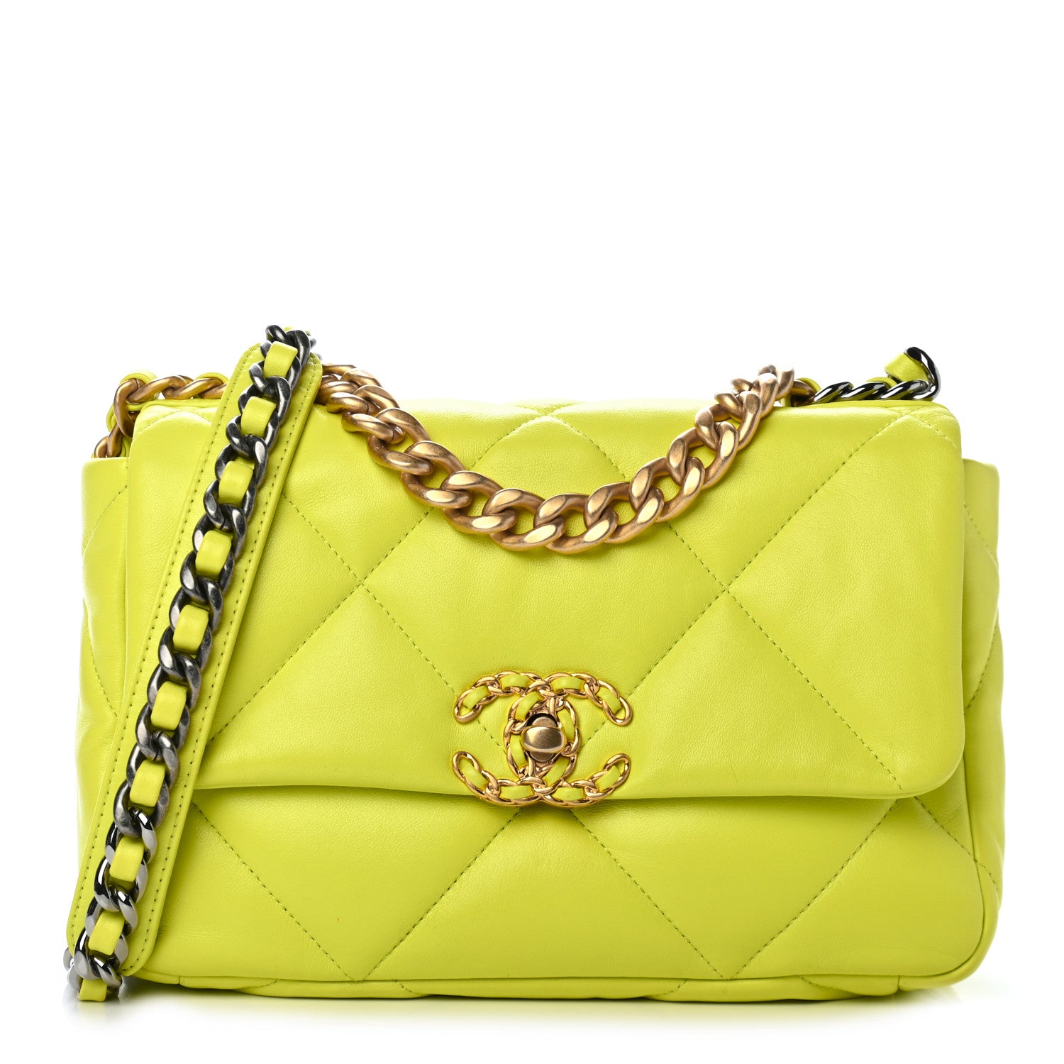 Chanel Shiny Lambskin Quilted Medium Chanel 19 Flap Neon Yellow 1 of 16
