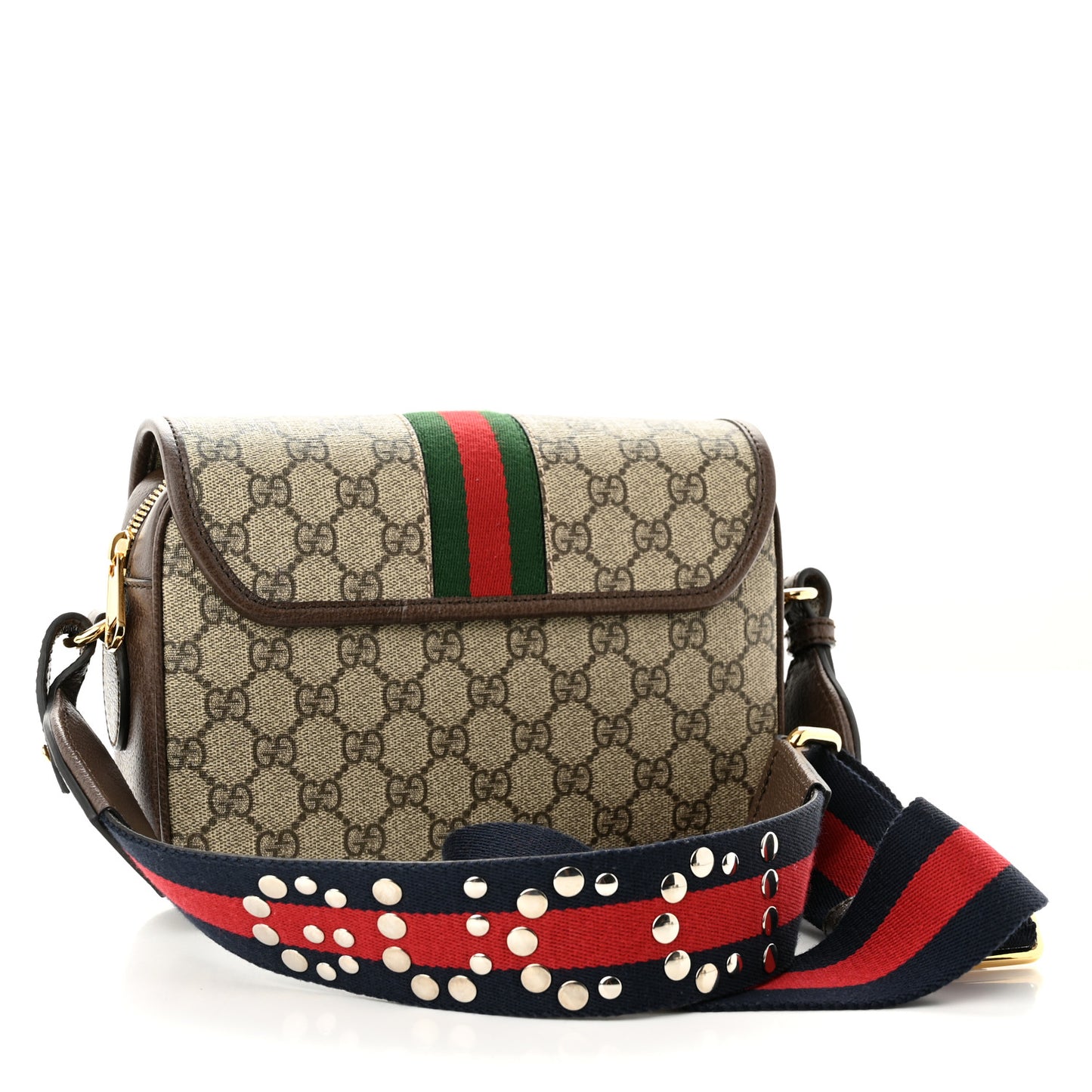 GG Supreme Monogram Textured Dollar Calfskin Web Studded Mini Ophidia Flap Shoulder Bag Beige Ebony New Acero