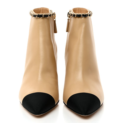 Chanel Lambskin Grosgrain CC Chain Cap Toe Short Boots 38 Black 39 Beige Black 2 of 9