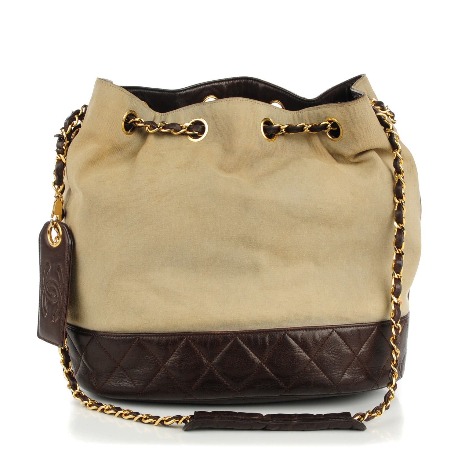 Chanel Canvas Calfskin Drawstring Shoulder Bag Beige Brown 2 of 16