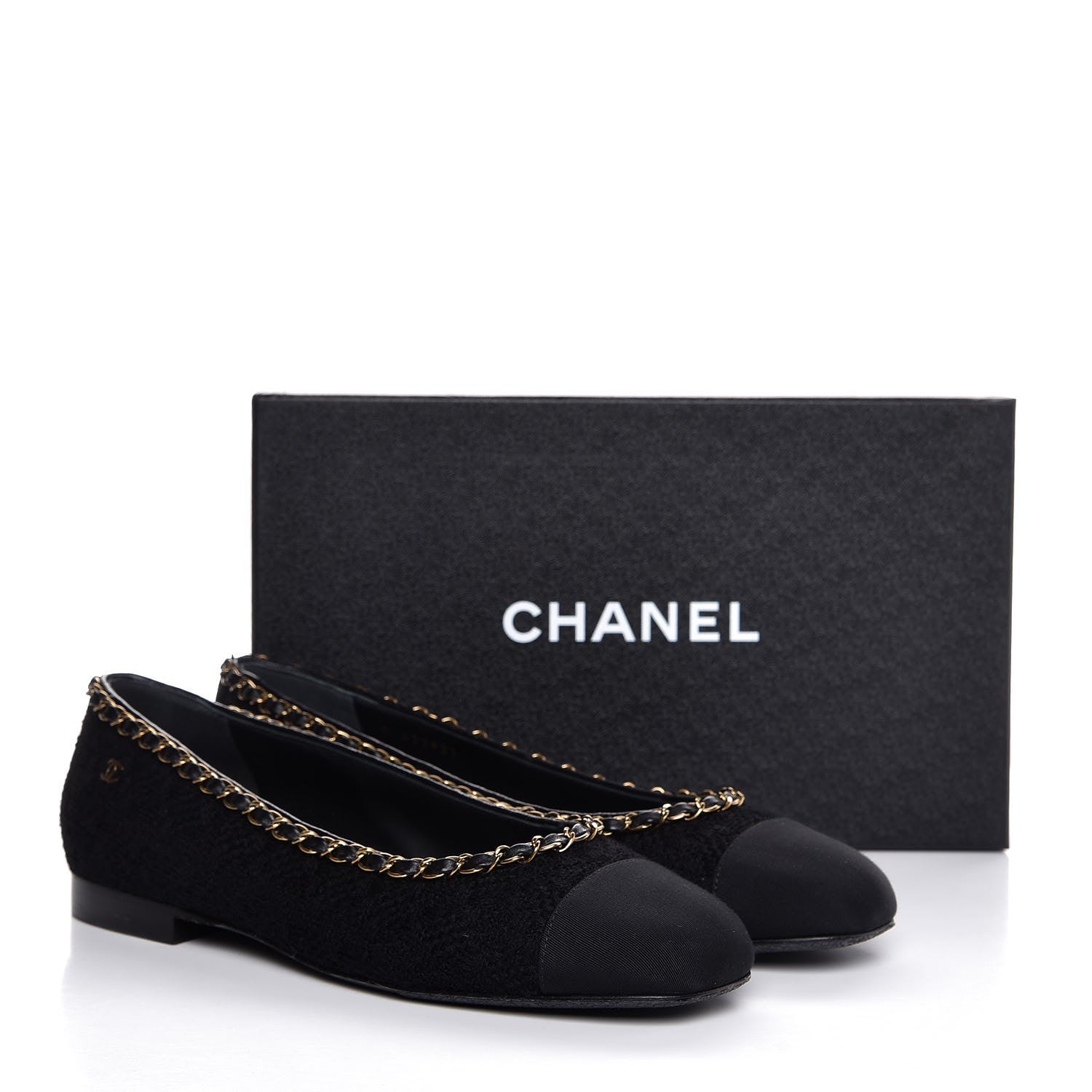 Chanel Tweed Grosgrain Chained Cap Toe Ballerina Flats 40 Black 11 of 11