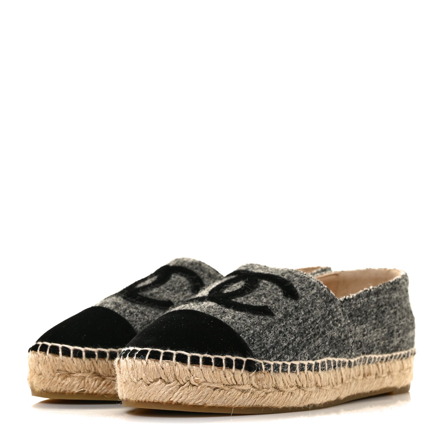 Chanel Tweed Velvet CC Espadrilles 37 Grey Black 3 of 9