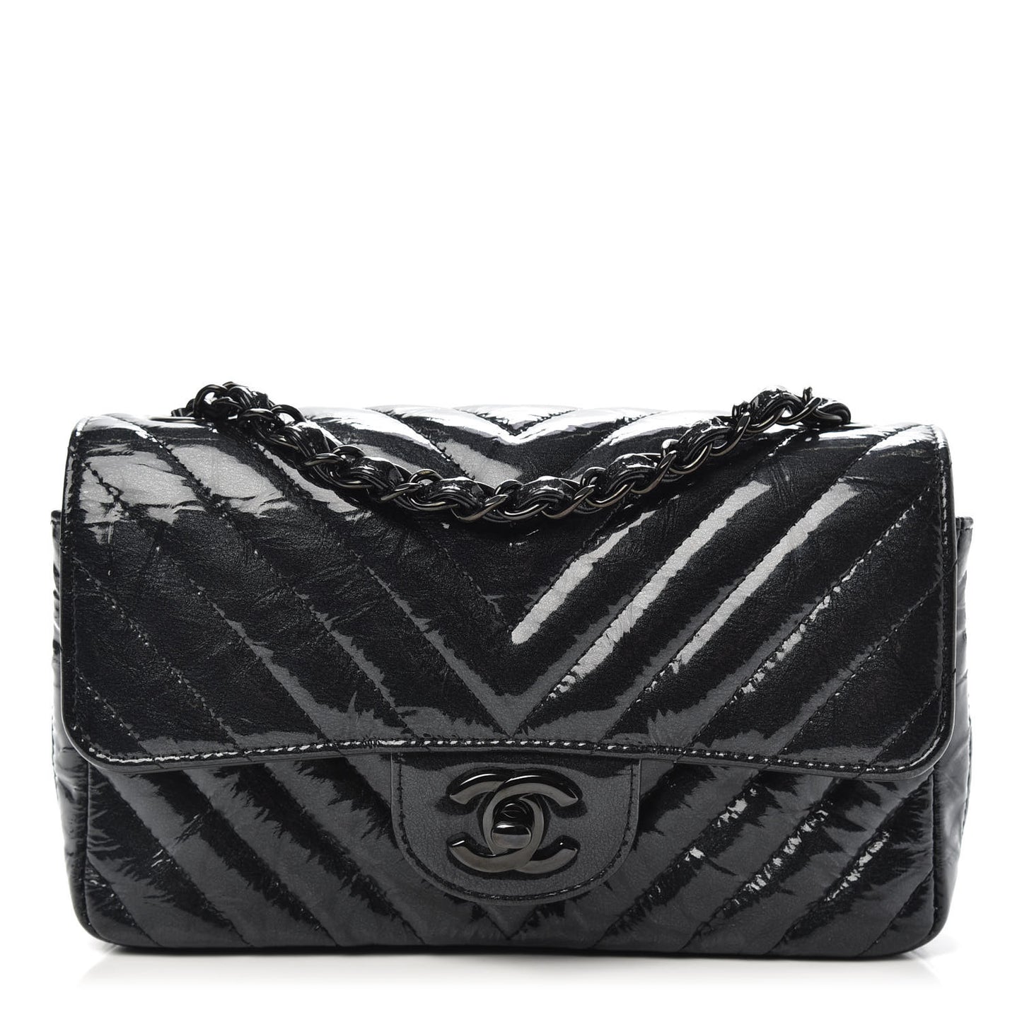 Patent Metallic Crumpled Calfskin Chevron Quilted Mini Rectangular Flap So Black