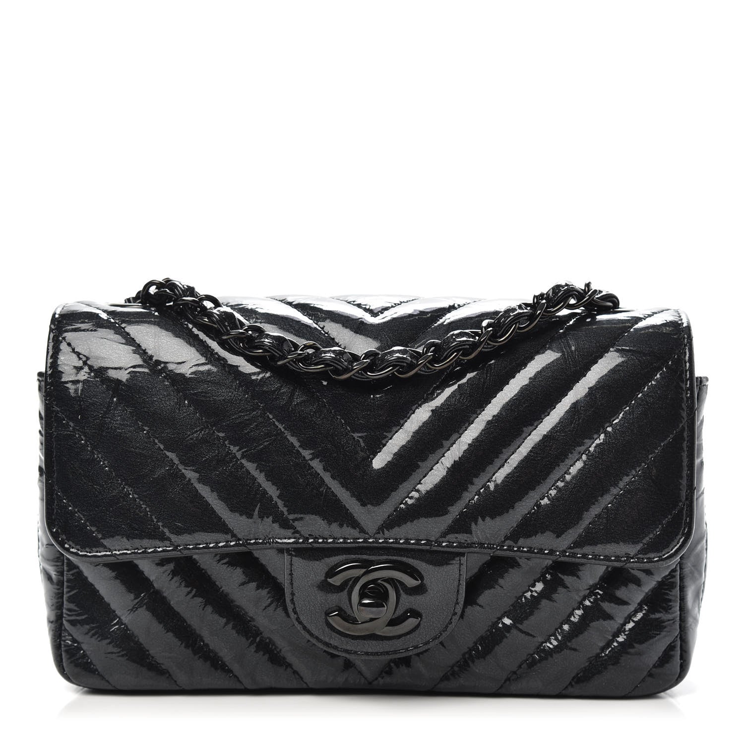 Chanel Patent Metallic Crumpled Calfskin Chevron Quilted Mini Rectangular Flap So Black 1 of 12