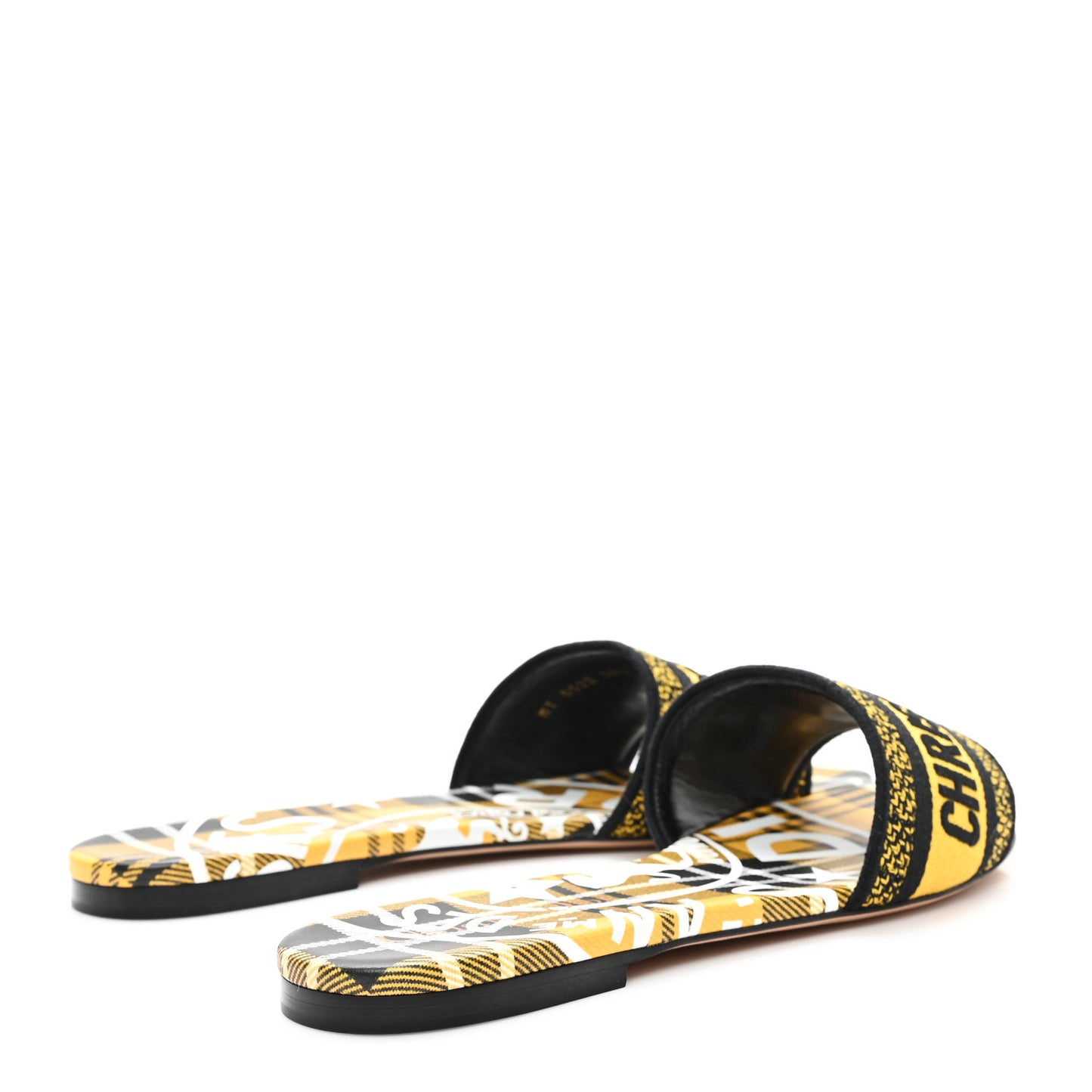 Canvas Union Check Embroidered Dway Flat Slide Sandals 38.5 Black Yellow