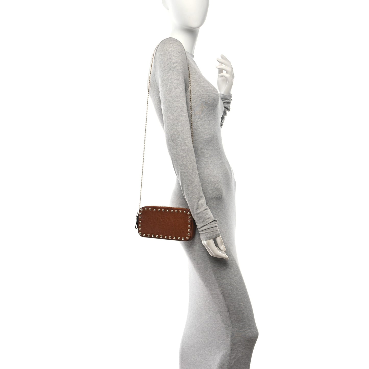 Pebbled Calfskin Rockstud Double Zip Camera Crossbody Bag Tan