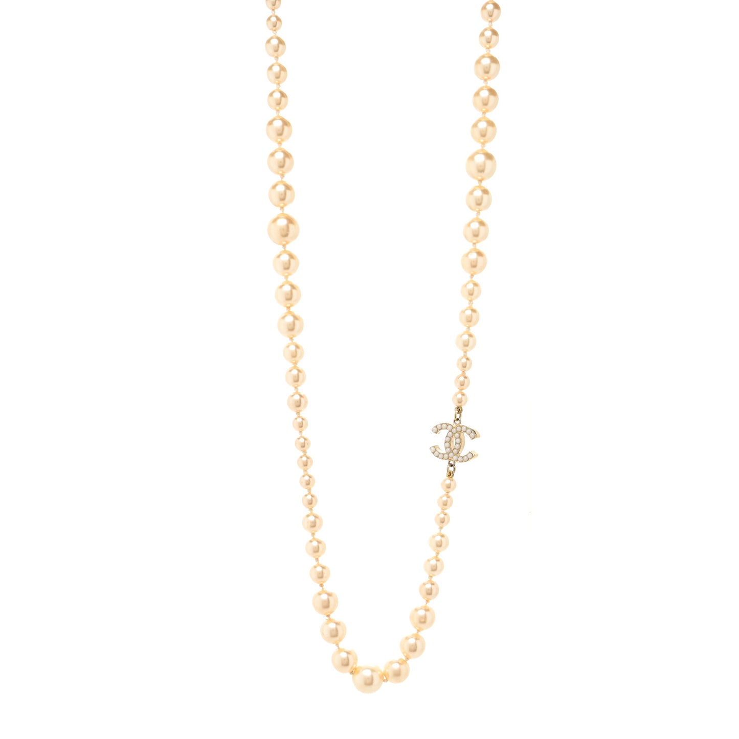 Graduated Pearl CC Long Necklace Light Gold