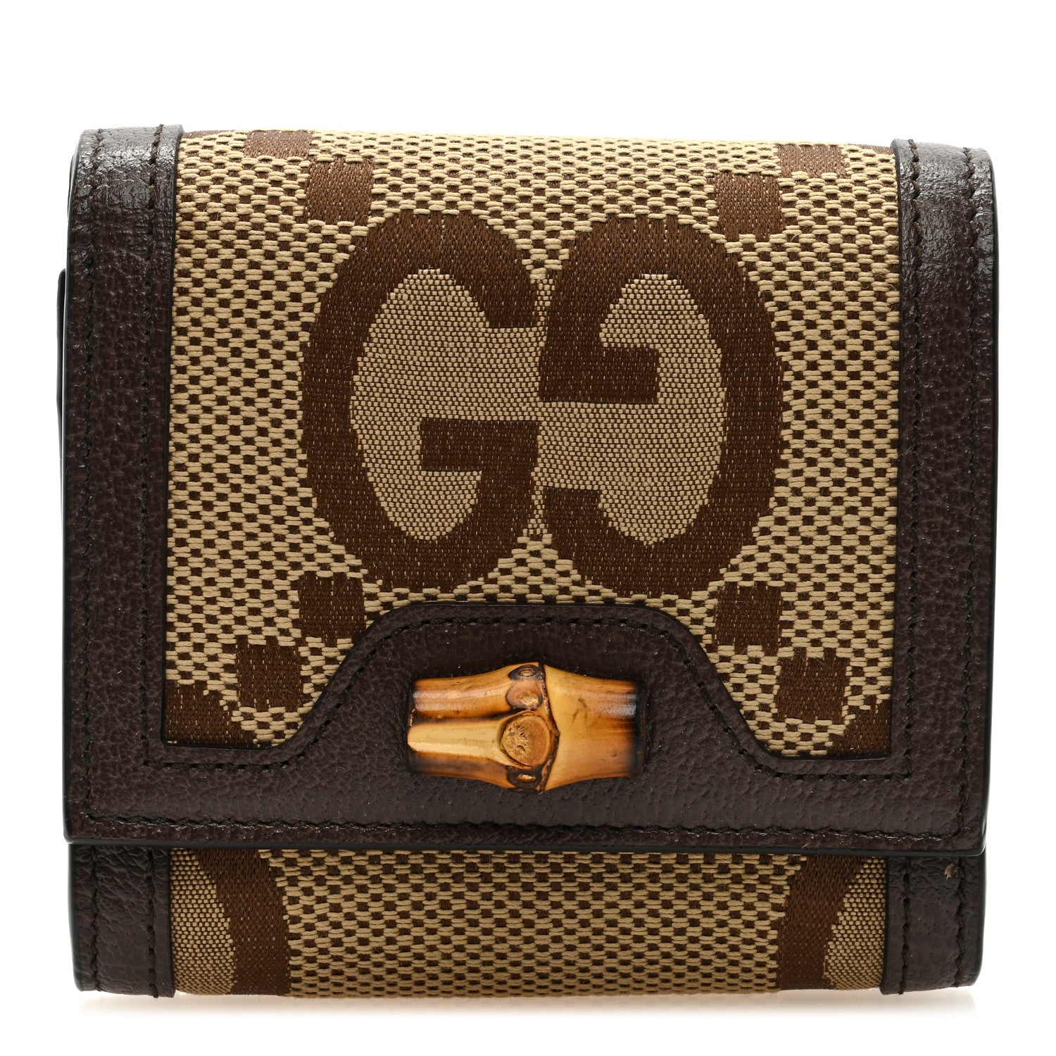 Gucci Monogram Jumbo GG Textured Dollar Calfskin Diana Compact Wallet Camel Ebony New Acero 1 of 6