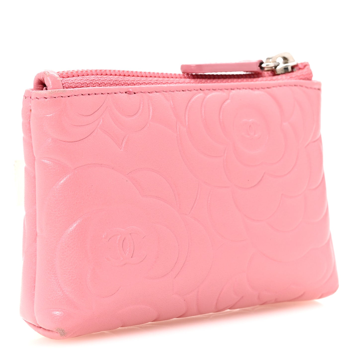 Lambskin Camellia Embossed Key Holder Case Pink