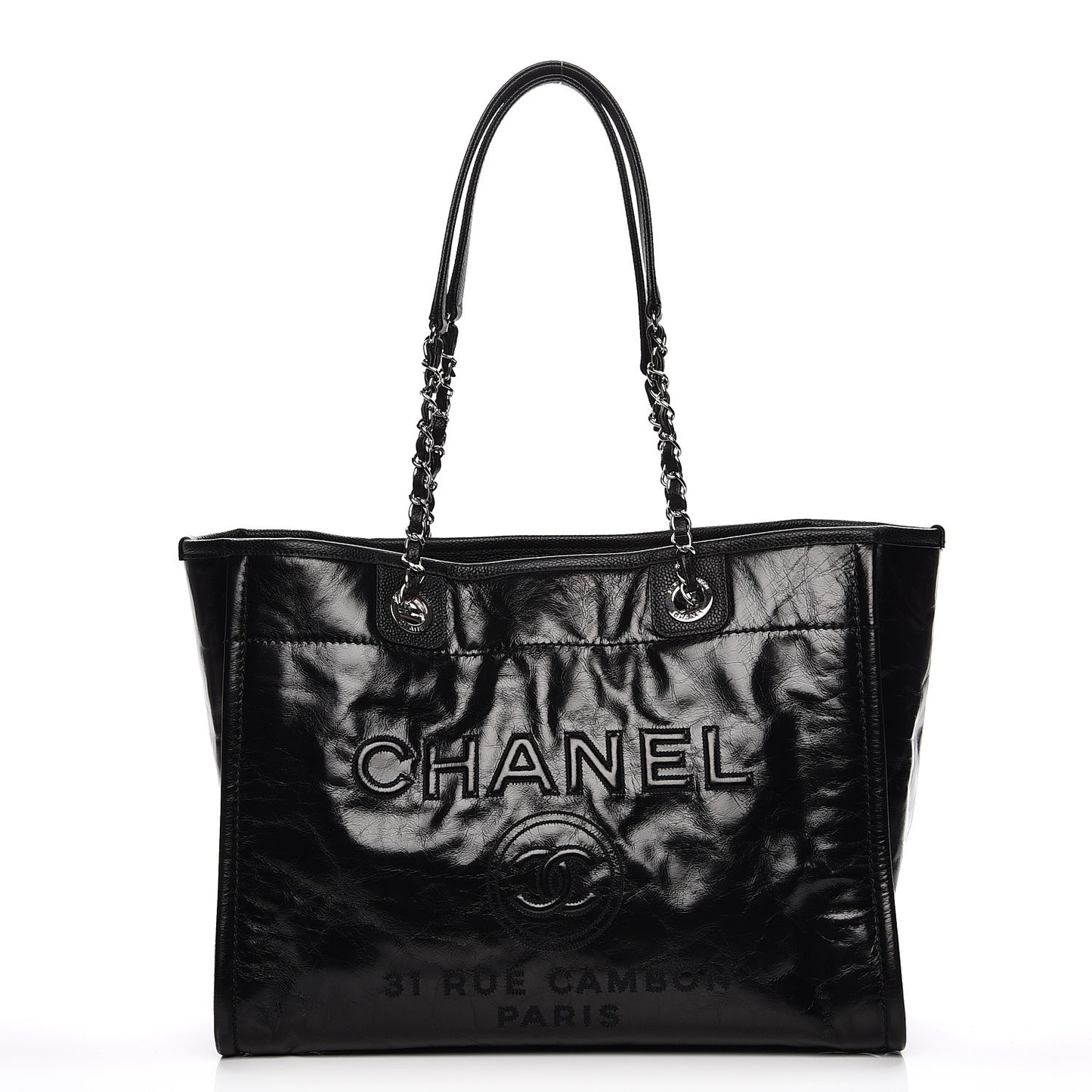 Glazed Calfskin Small Deauville Tote Black