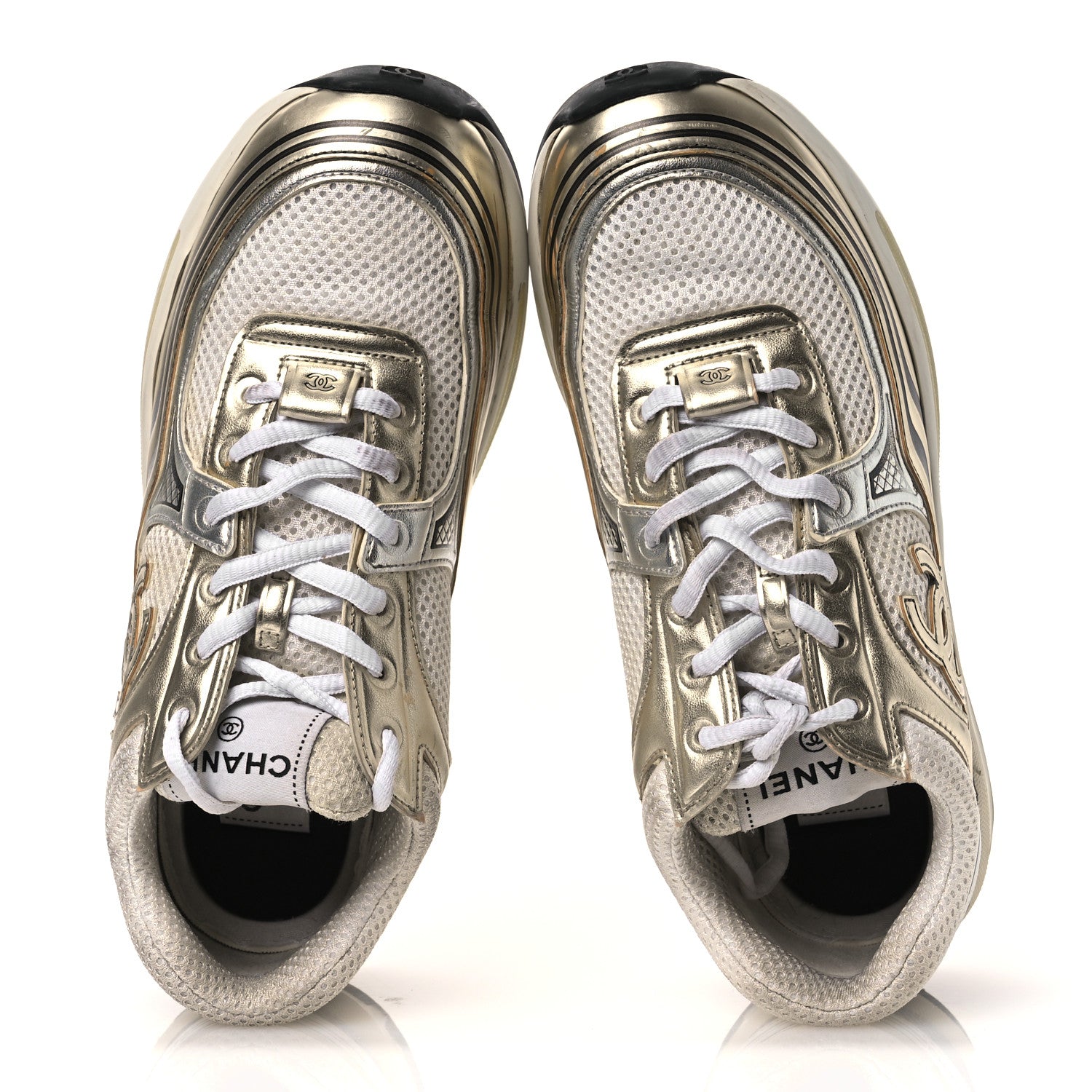 Chanel Fabric Laminated Calfskin Stretch CC Sneakers 37 White Gold Silver 2 of 18