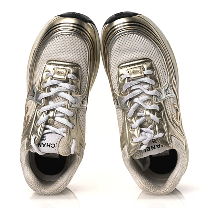 Chanel Fabric Laminated Calfskin Stretch CC Sneakers 37 White Gold Silver 2 of 18