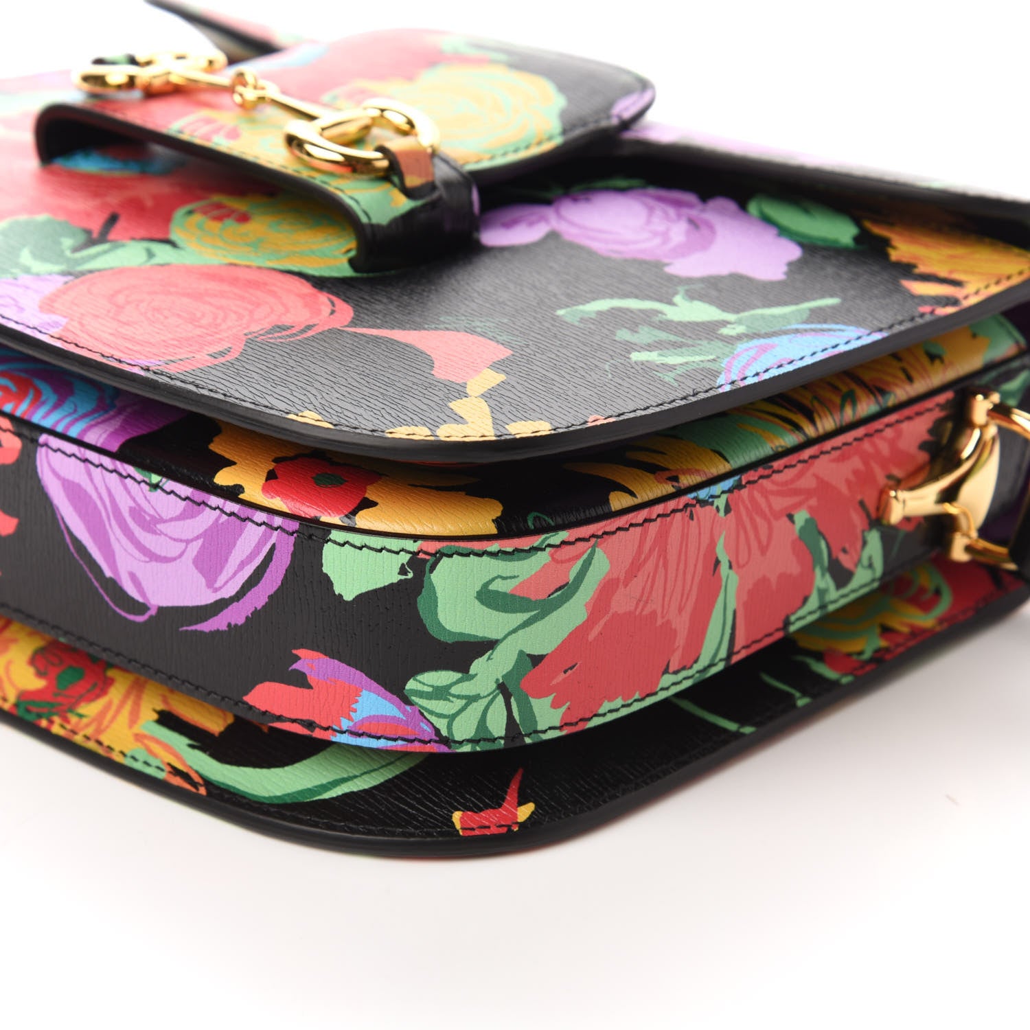 Gucci X KEN SCOTT New Shangai Calfskin Jenny Floral Print Horsebit 1955 Shoulder Bag Black Pink 7 of 11