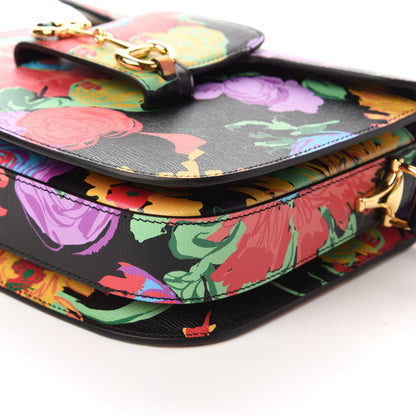 Gucci X KEN SCOTT New Shangai Calfskin Jenny Floral Print Horsebit 1955 Shoulder Bag Black Pink 7 of 11