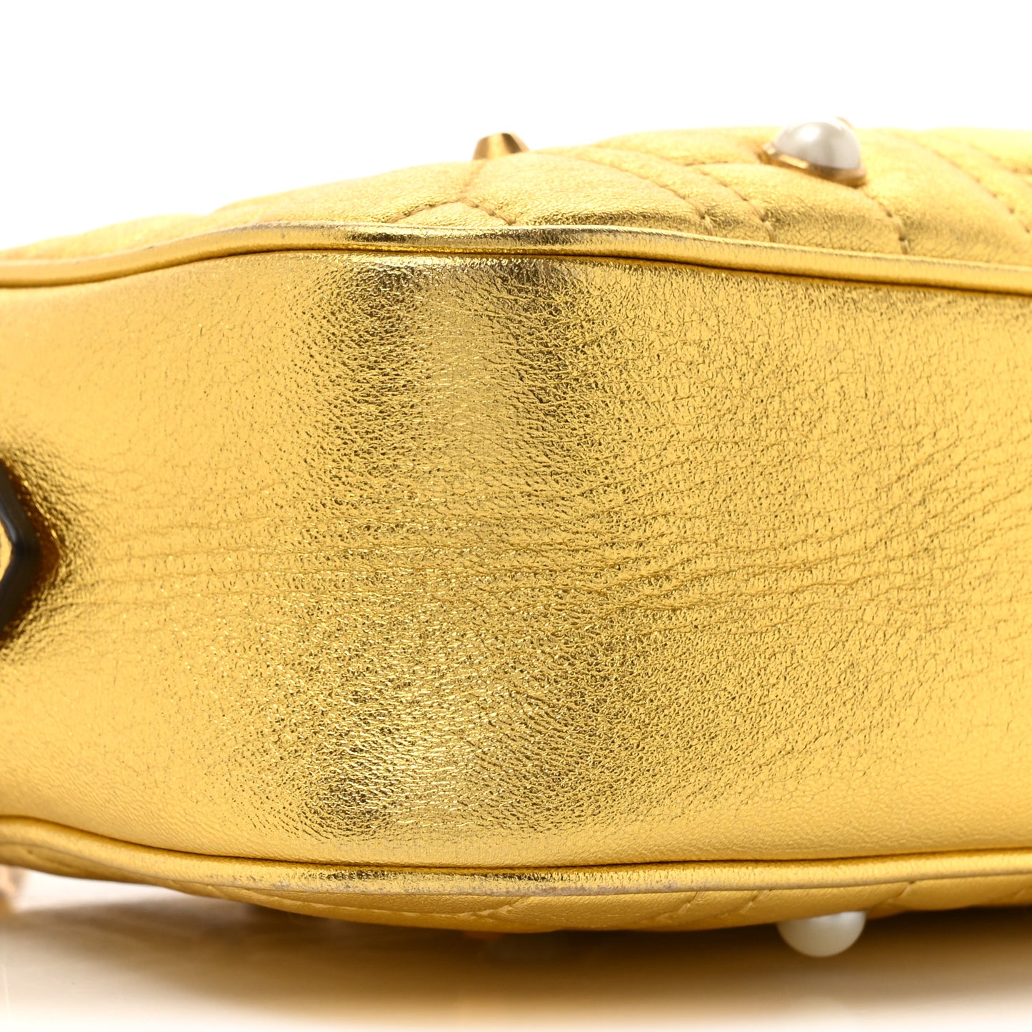 Metallic Calfskin Matelasse Studded Small Pearly GG Marmont Chain Shoulder Bag Gold
