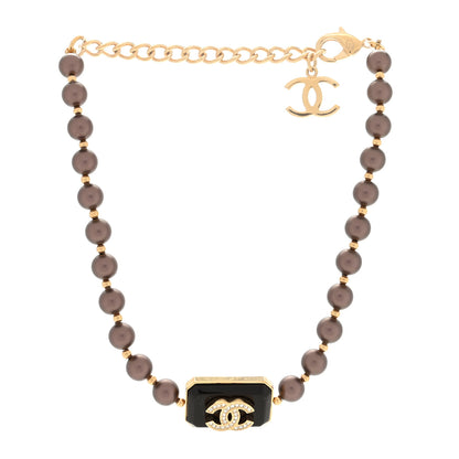 Chanel Pearl Crystal CC Choker Necklace Brown Gold 3 of 4