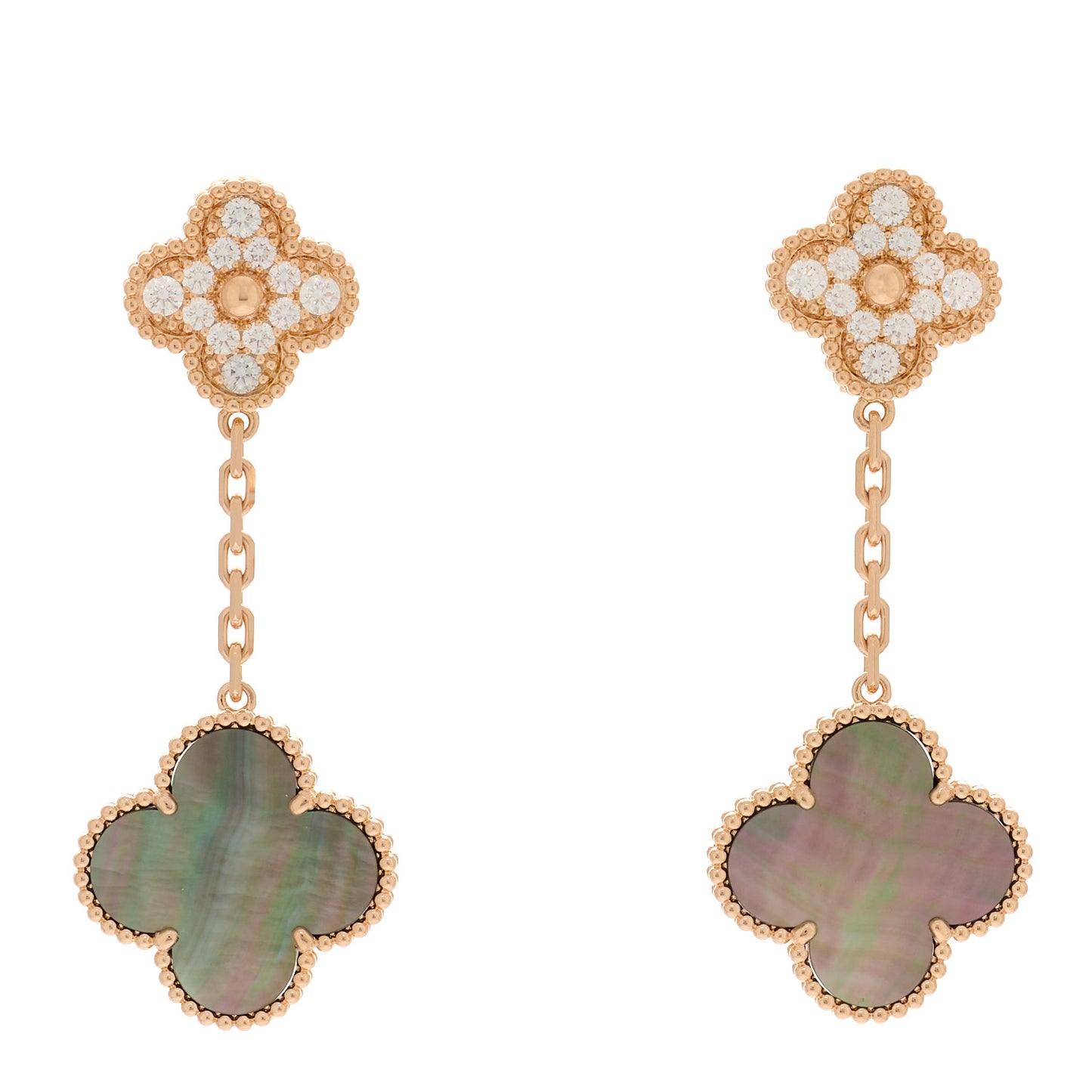 18K Rose Gold Diamond Grey Mother of Pearl Magic Alhambra 2 Motifs Earrings