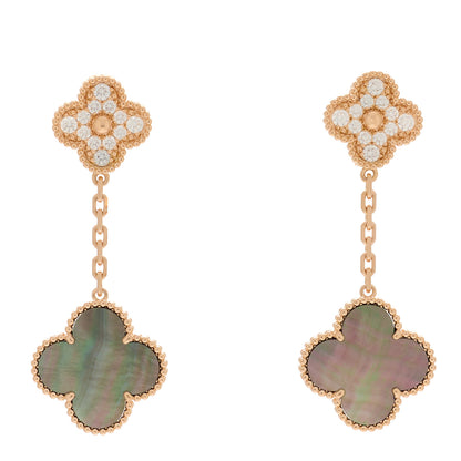Van Cleef & Arpels 18K Rose Gold Diamond Grey Mother of Pearl Magic Alhambra 2 Motifs Earrings 1 of 5