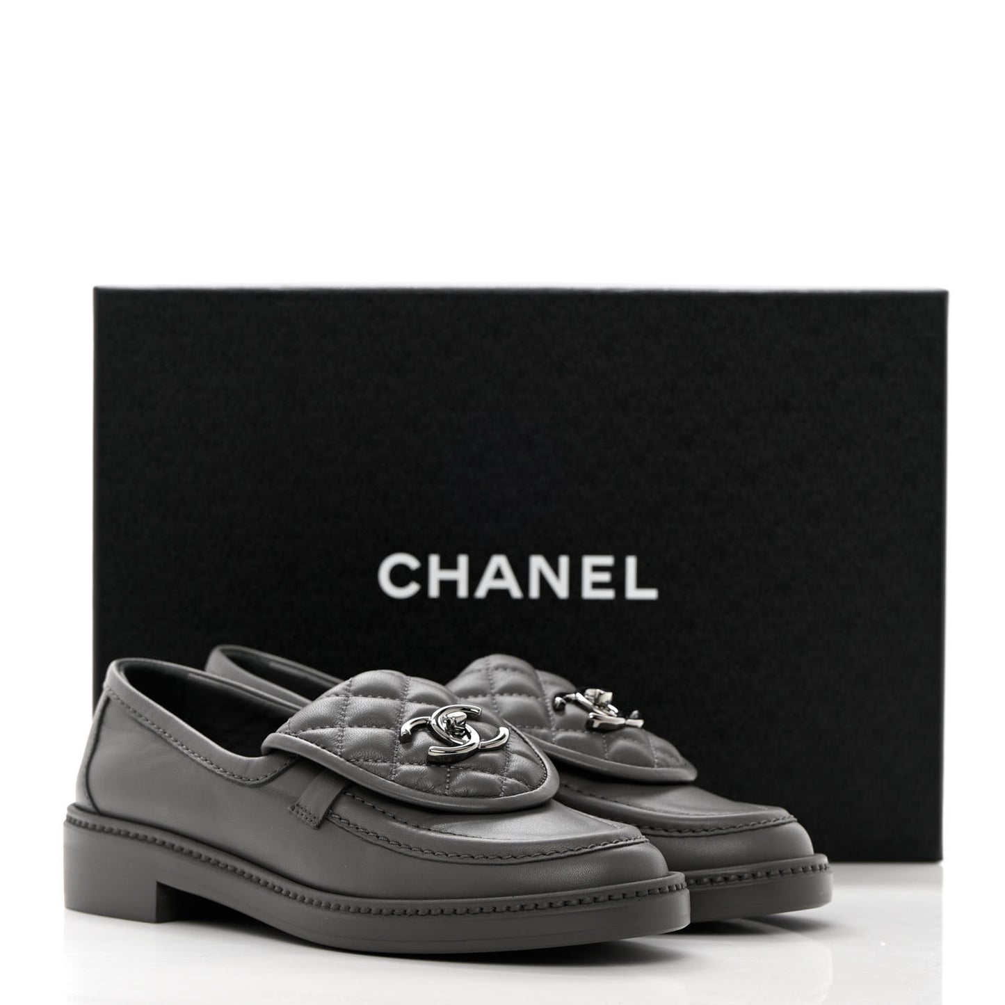 Lambskin Quilted CC Turnlock Loafers 36 Grey