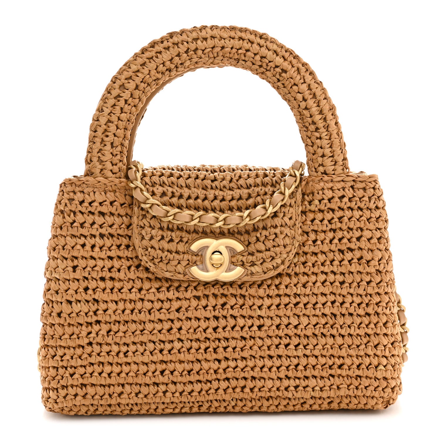 Chanel Braided Raffia Nano Kelly Flap Bag Dark Beige 1 of 10