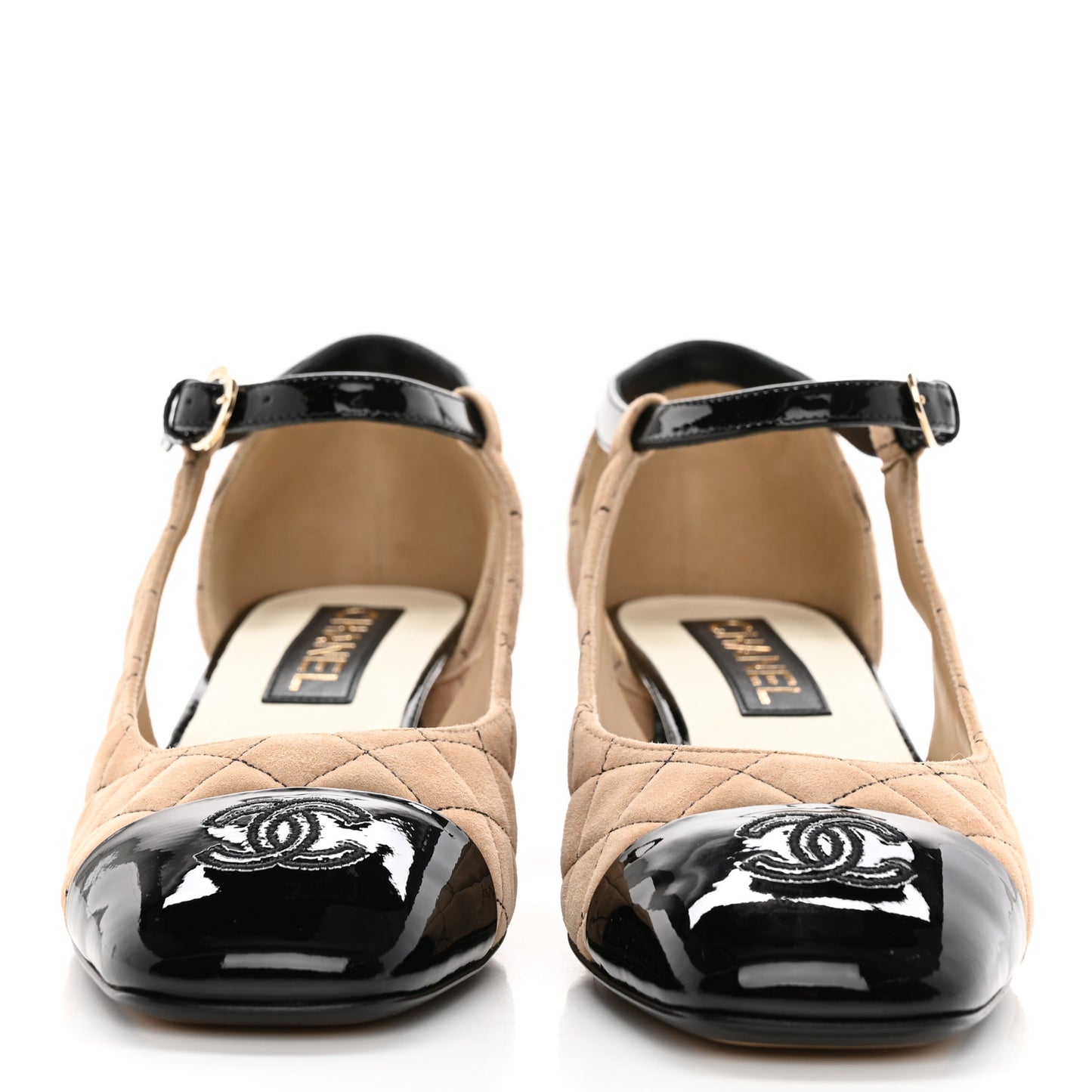 Suede Kidskin Patent Cap Toe Quilted Mary Jane Flats 39.5 Beige Black