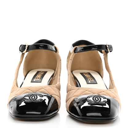 Chanel Suede Kidskin Patent Cap Toe Quilted Mary Jane Flats 39.5 Beige Black 2 of 9