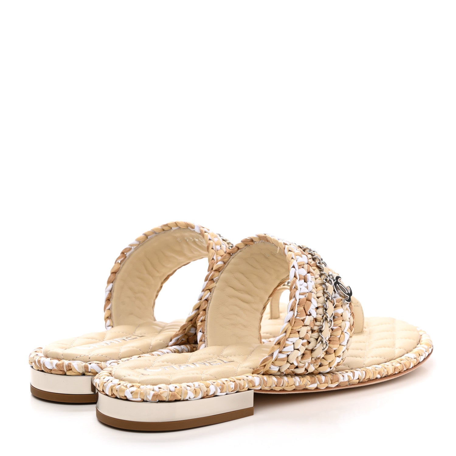 Chanel Raffia Lambskin Woven Chain CC Toe Ring Sandals 38 Beige White 4 of 9