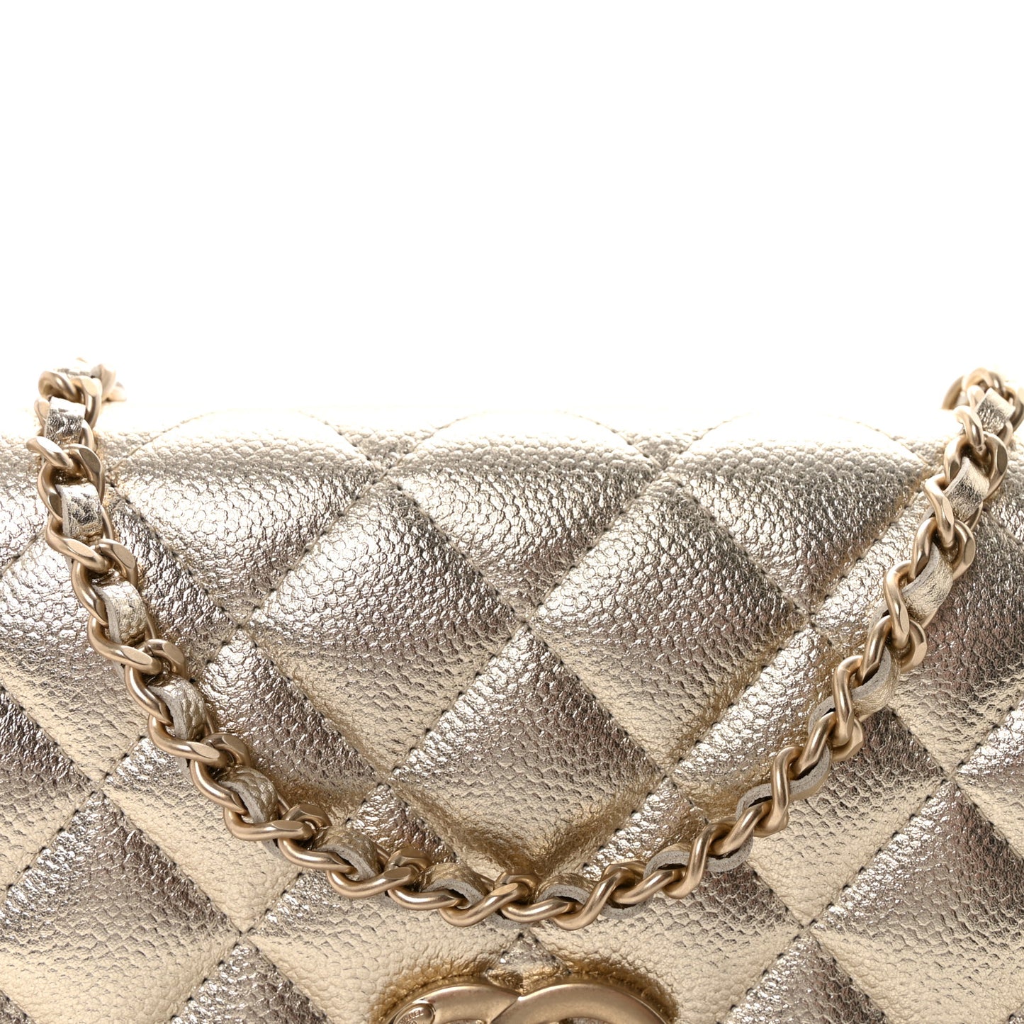 Metallic Caviar Quilted CC Crush Wallet On Chain WOC Light Gold