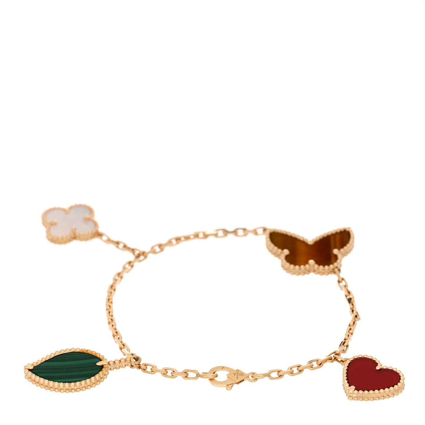 18K Yellow Gold Mother of Pearl Malachite Carnelian Tiger Eye 4 Motifs Lucky Alhambra Bracelet
