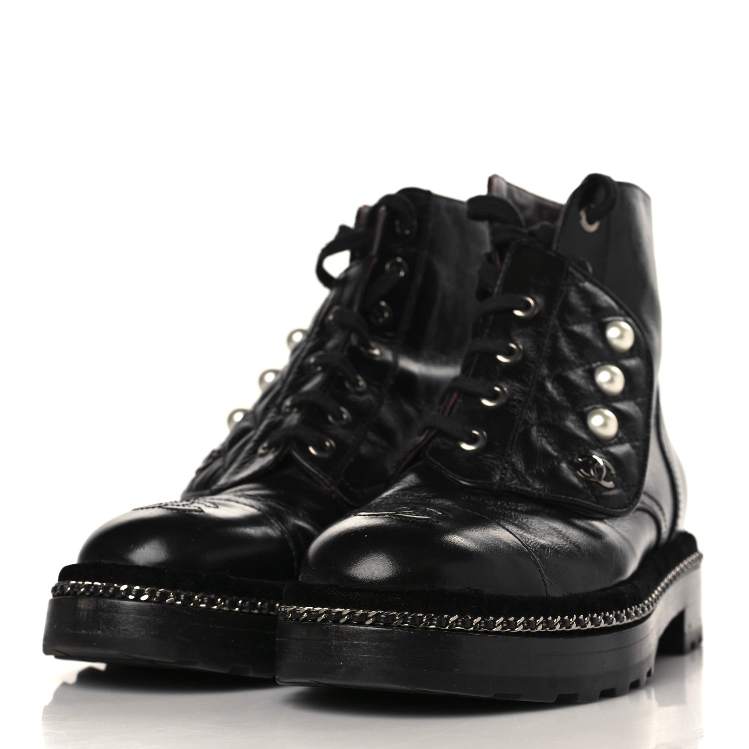 Chanel Crackled Calfskin Velvet Pearl Combat Short Boots 37 Black 3 of 9