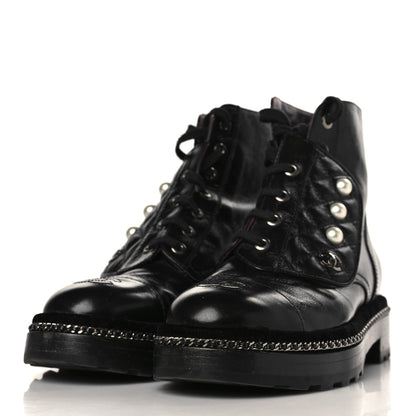 Chanel Crackled Calfskin Velvet Pearl Combat Short Boots 37 Black 3 of 9