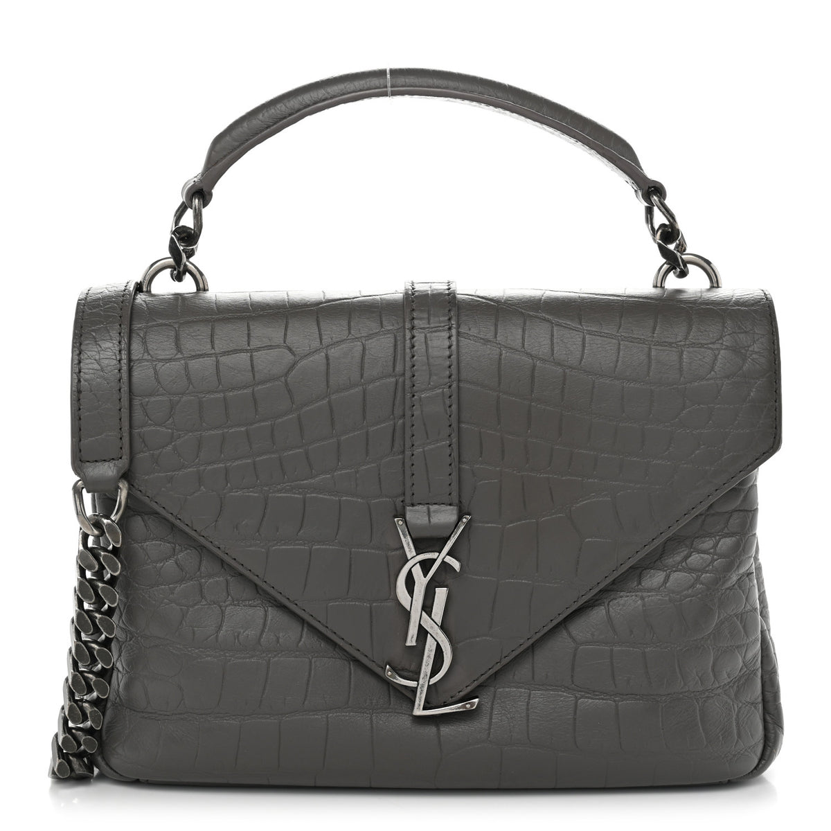 Saint Laurent Calfskin Crocodile Embossed Medium College Monogram Satchel Gray 1 of 11