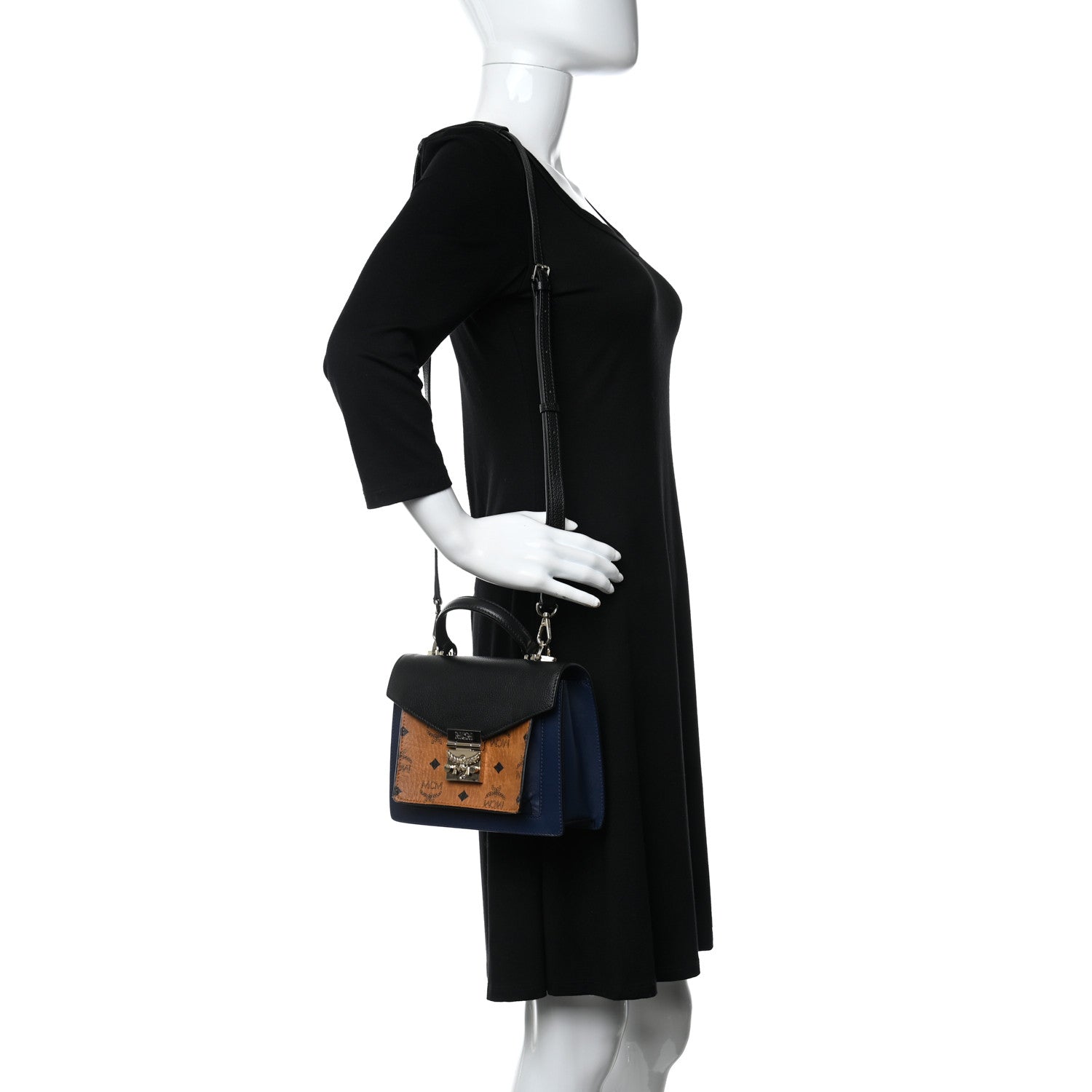 MCM Visetos Small Patricia Block Satchel Cognac Navy Black 3 of 11
