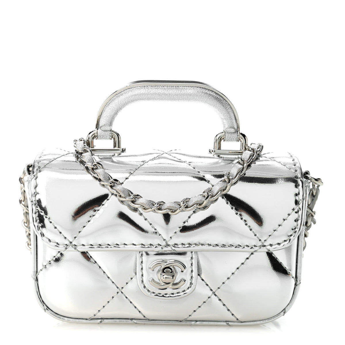Mirror Calfskin Small Top Handle Clutch With Chain Silver