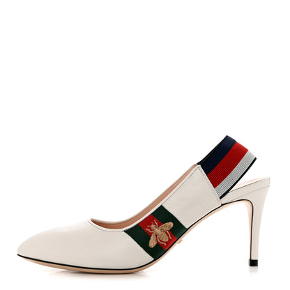 Gucci Malaga Kid Web Sylvie Mid Heel Slingback Pumps 37.5 White 1 of 10