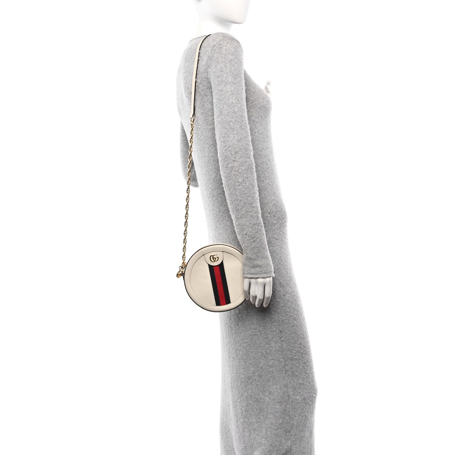 Textured Calfskin Web Mini Ophidia Round Shoulder Bag Mystic White