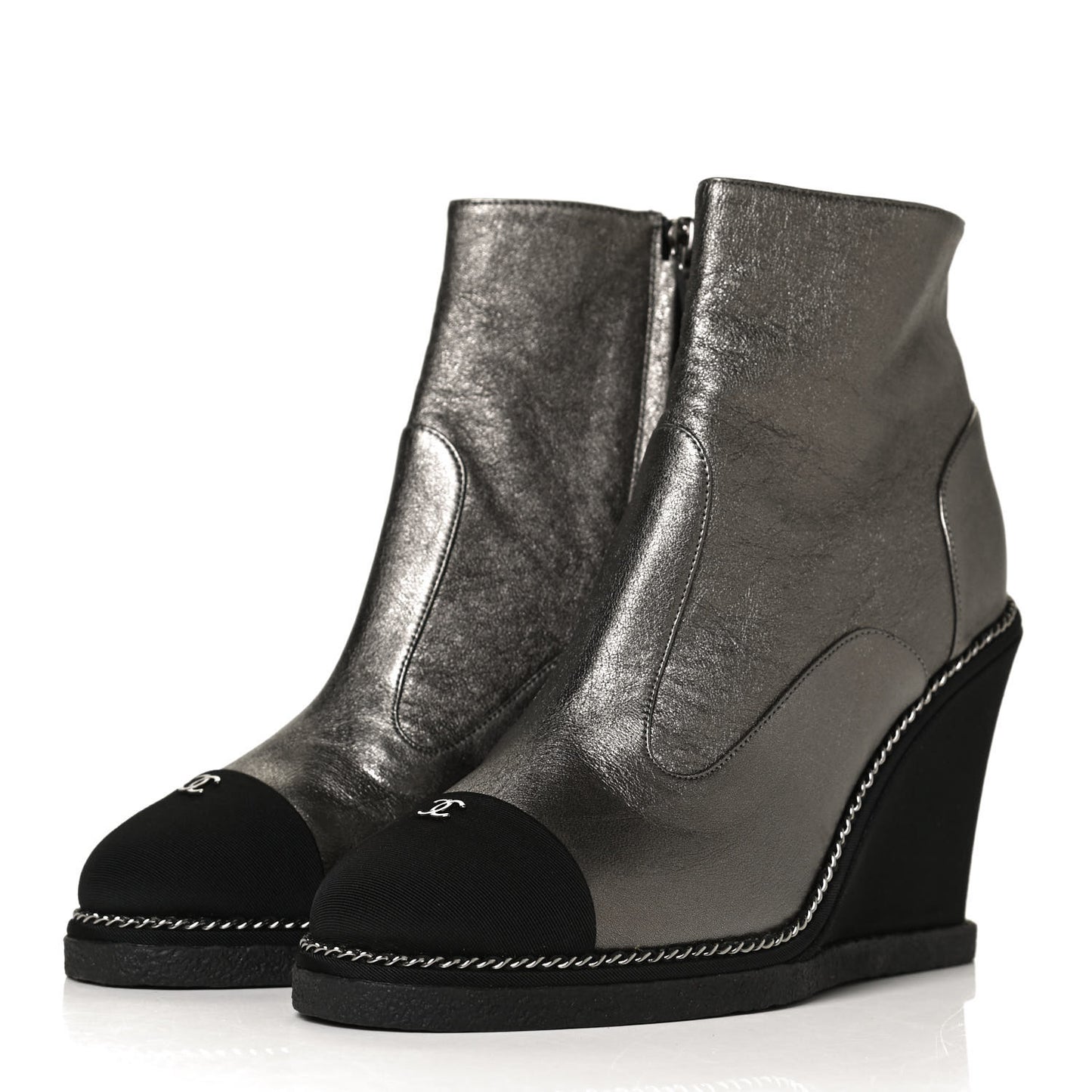 Metallic Lambskin Grosgrain Cap Toe Wedge Boots 37 Silver Black