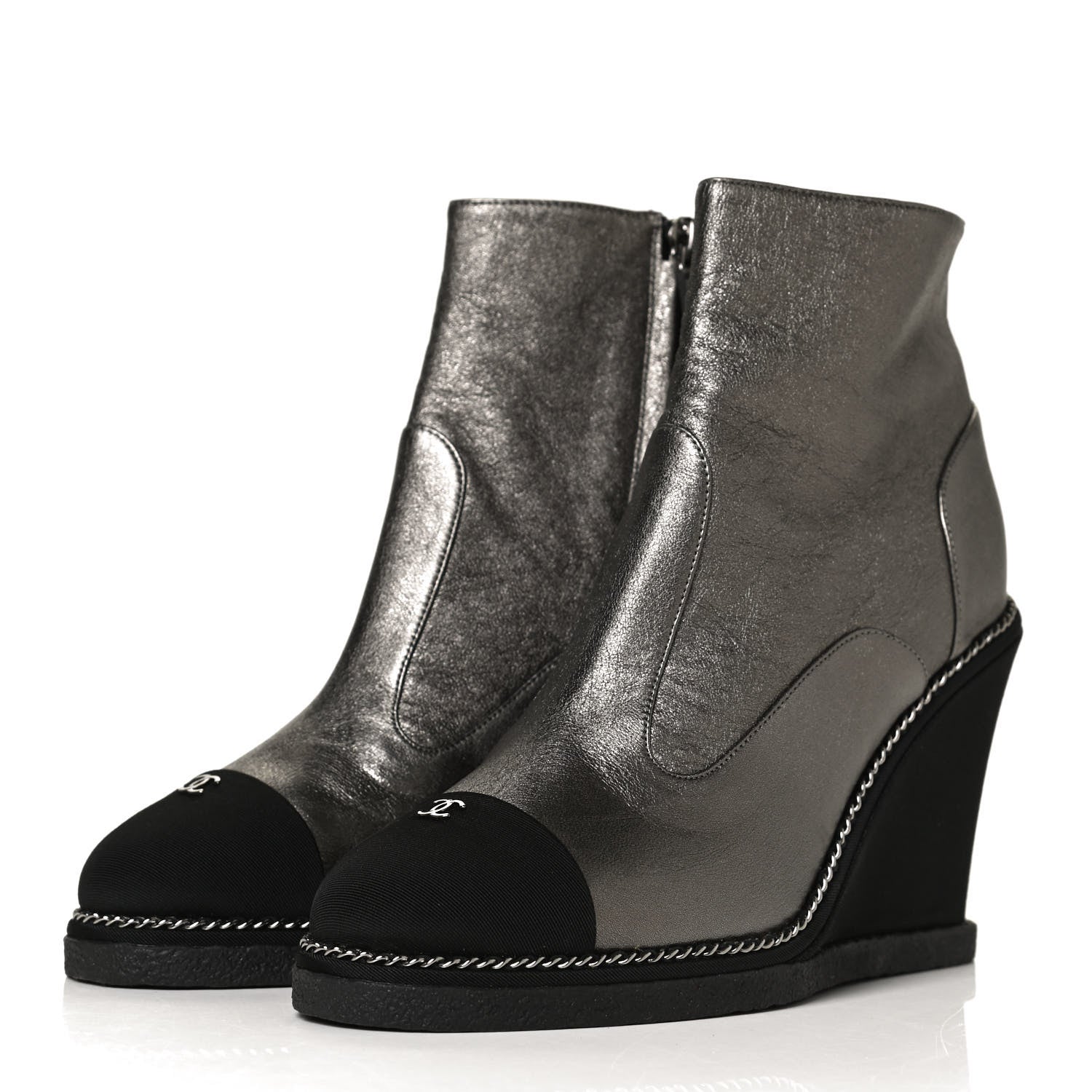 Chanel Metallic Lambskin Grosgrain Cap Toe Wedge Boots 37 Silver Black 3 of 9