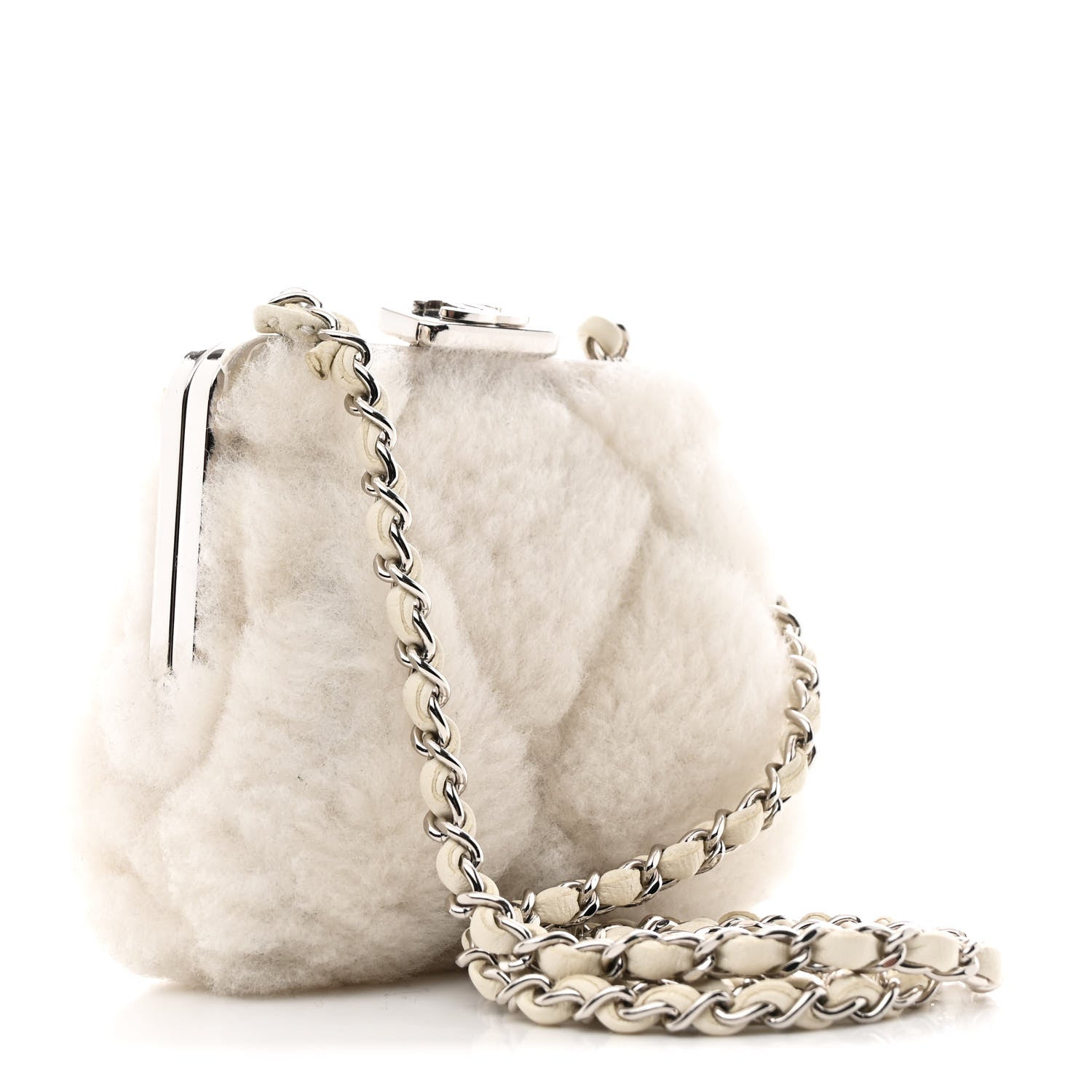 Chanel Shearling Sheepskin Lambskin Quilted Clutch With Chain White 3 of 10