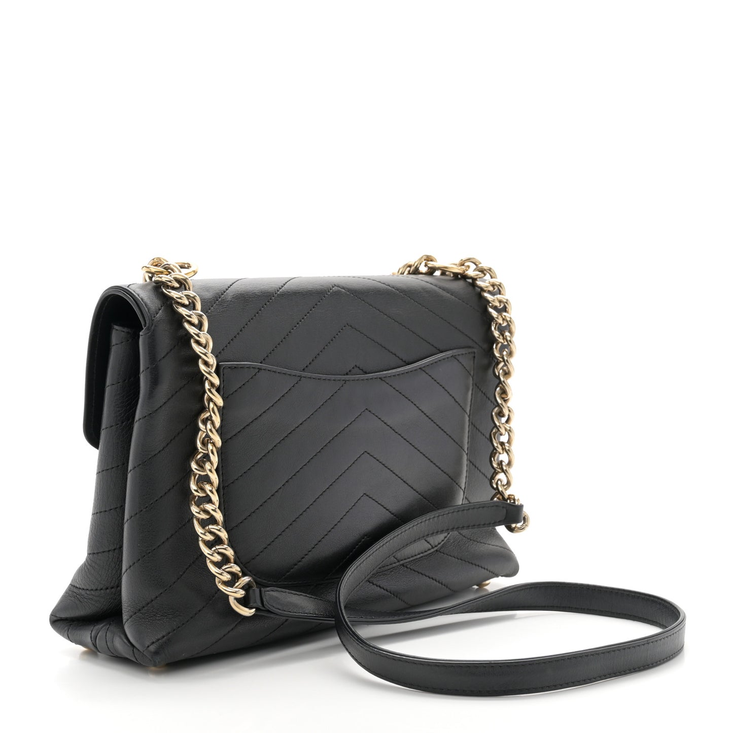 Calfskin Chevron Stitched Medium Coco Flap Bag Black