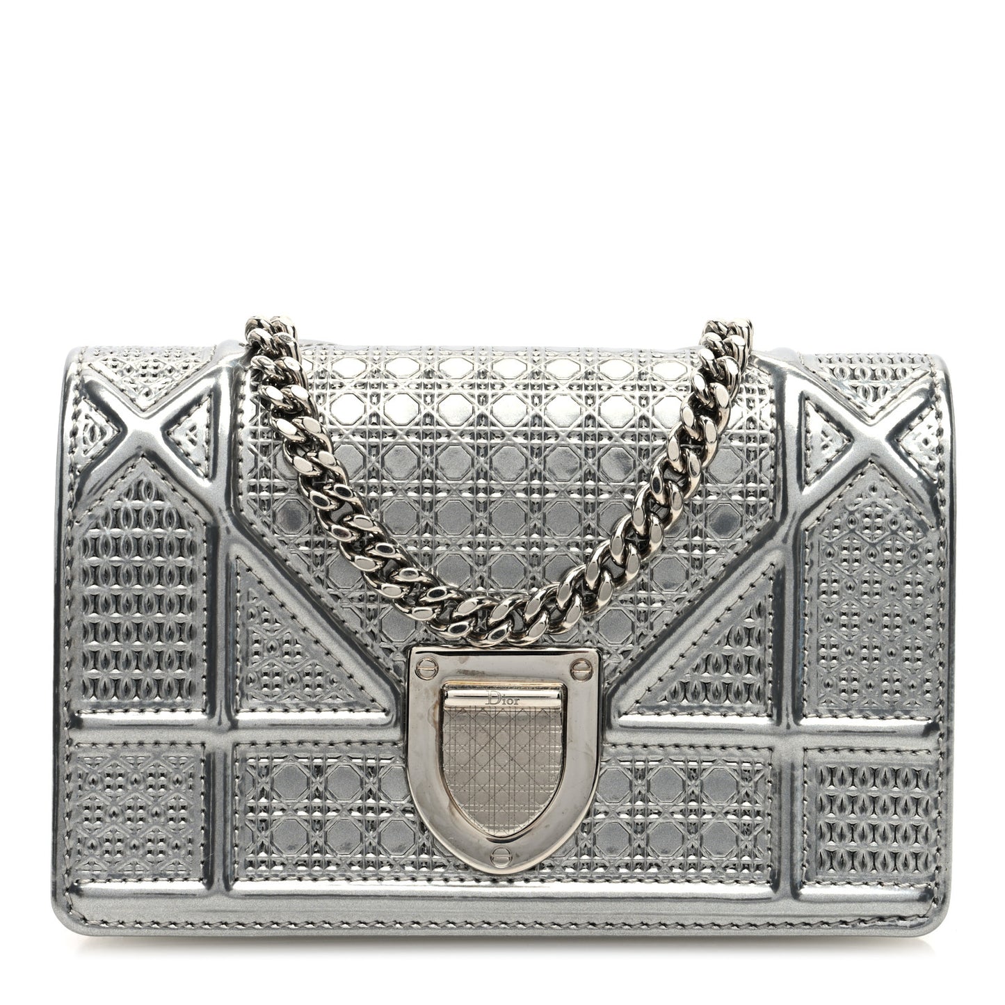 Metallic Patent Micro-Cannage Diorama Wallet on Chain Pouch Silver