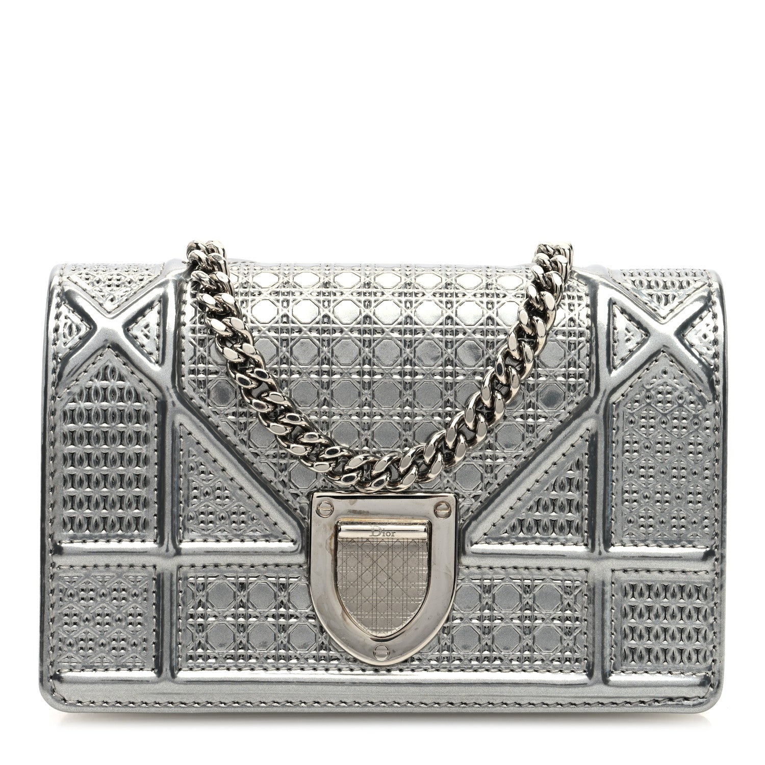 Christian Dior Metallic Patent Micro-Cannage Diorama Wallet on Chain Pouch Silver 1 of 9