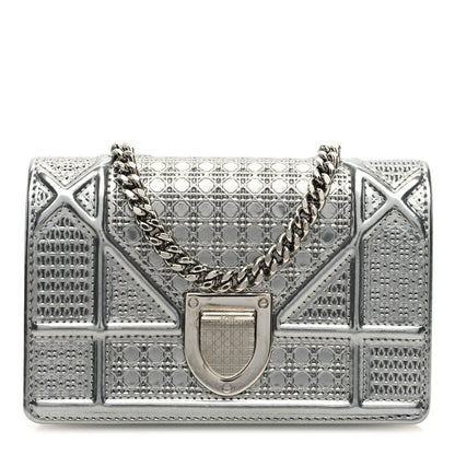 Christian Dior Metallic Patent Micro-Cannage Diorama Wallet on Chain Pouch Silver 1 of 9